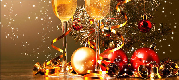 Champaign glasses, bells, and other new year's celebration items