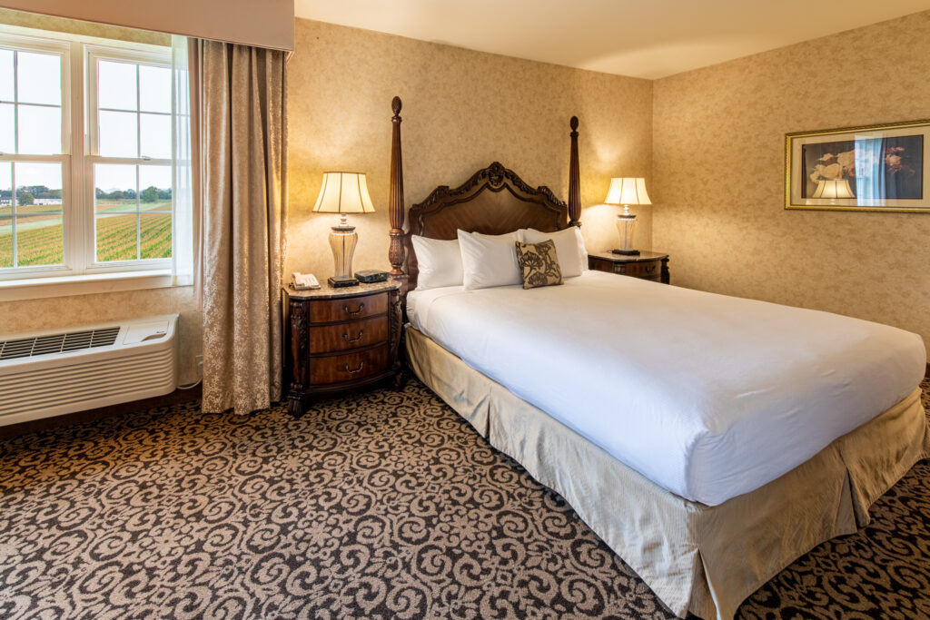 queen bed and sleeping area in our 1 & 2 Bedroom Suites at AmishView Inn & Suites